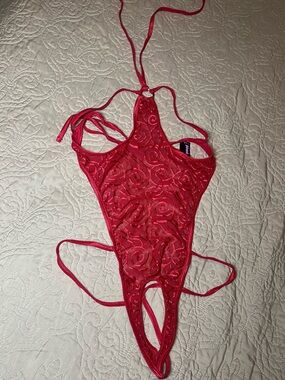 EXPOSED women’s red lace crotchless thong teddy with halter strap size L/XL